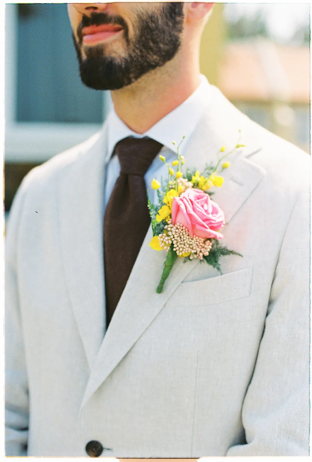 Boutonniere detail at a Hoi An destination wedding, on 35mm film