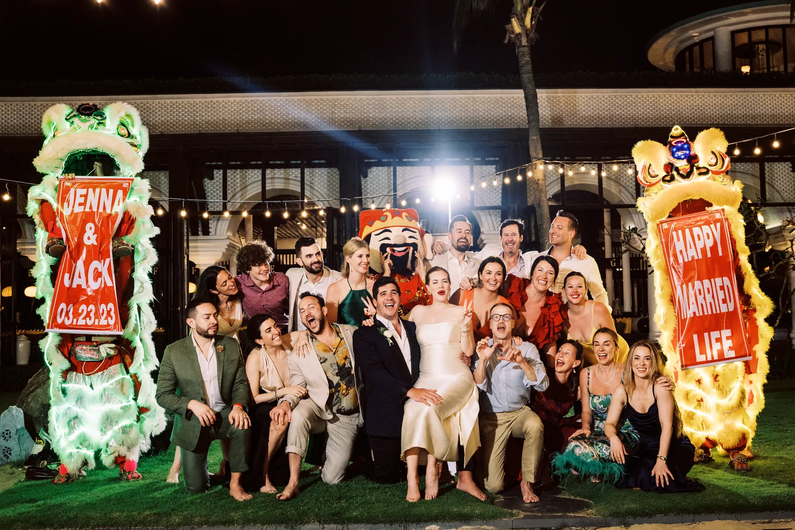 A traditional Vietnamese lion dance at a Da Nang beach wedding